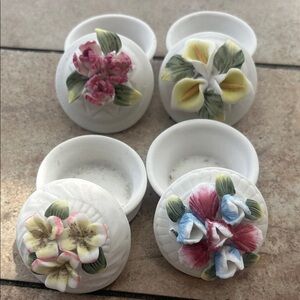 Porcelain Floral Trinket Boxes - White with Pink, Yellow, Blue Accents